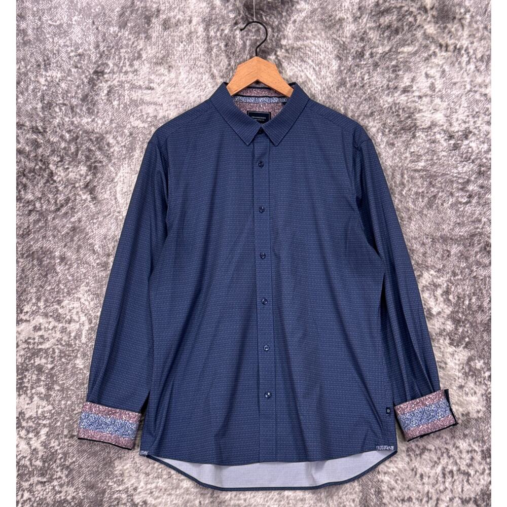 7 Diamonds Shirt Large Mens 4 Way Stretch Blue Geometric Long Sleeve